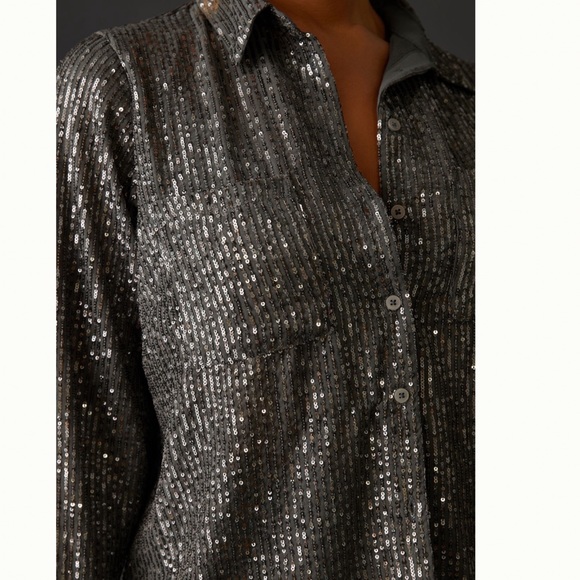 NWT Anthropologie Sequin Buttondown Long Sleeve Shirt in Slate size M - Picture 6 of 17